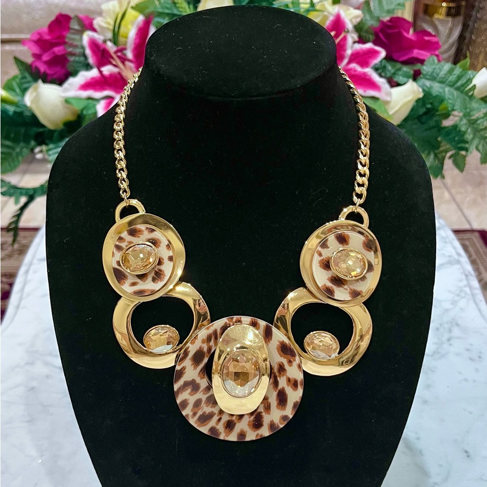 Natasha Leopard Print Resin with Glass Crystals Necklace